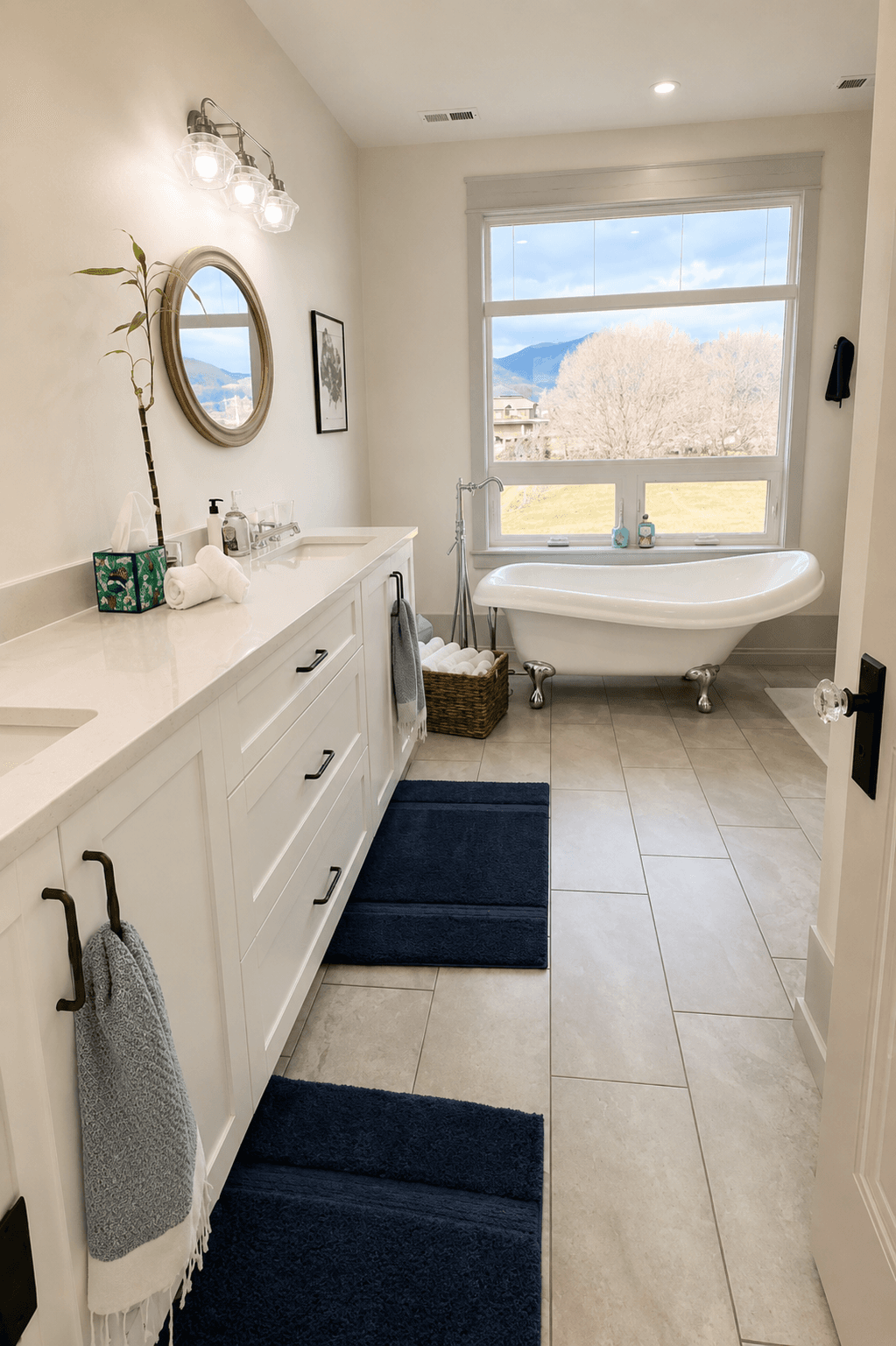Bathroom with a clawfoot tub, double vanity, and folded towels after a ShinySpaces cleaning