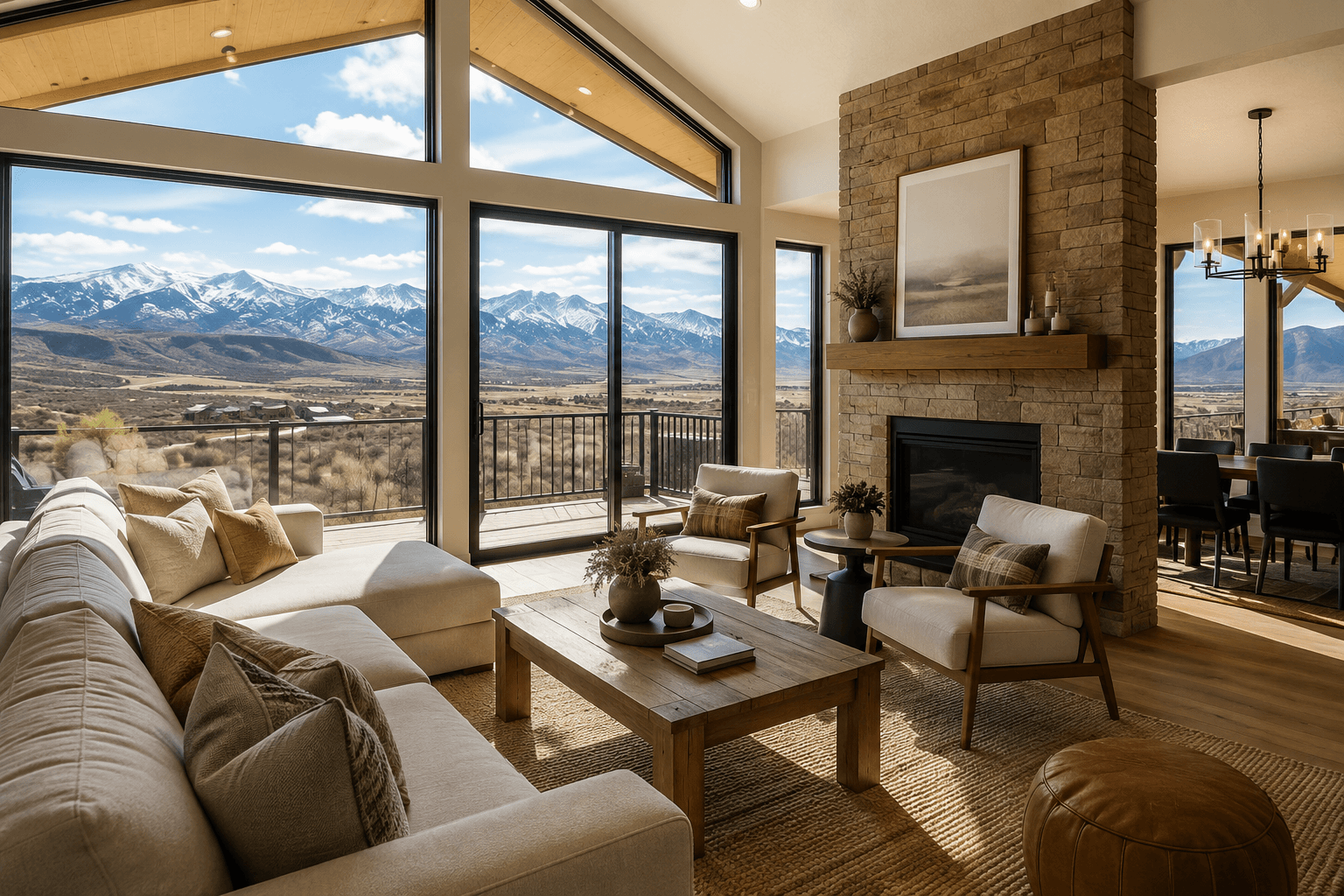 Bright living room with panoramic mountain views, representing the communities ShinySpaces serves throughout the Heber Valley